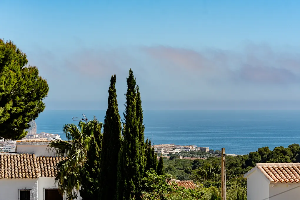 View of the ocean from a property, with trees, rooftops, and a clear blue sky.