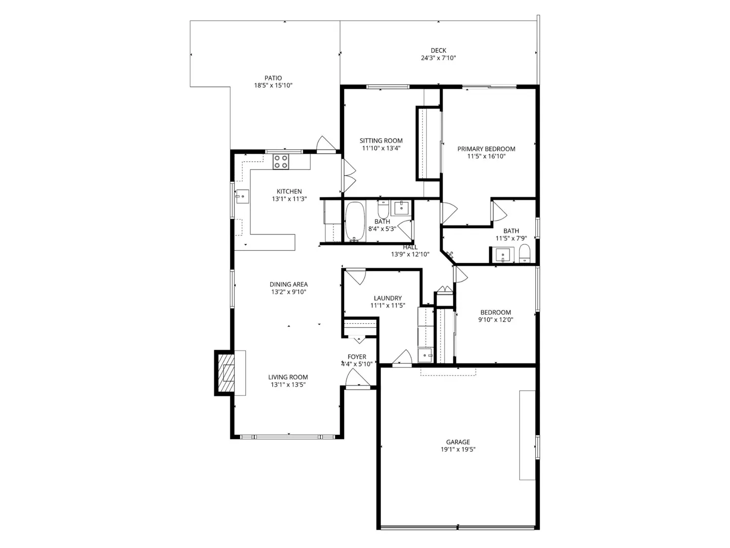 Floor plan of a house with labeled rooms including a kitchen, living room, bedrooms, and garage.