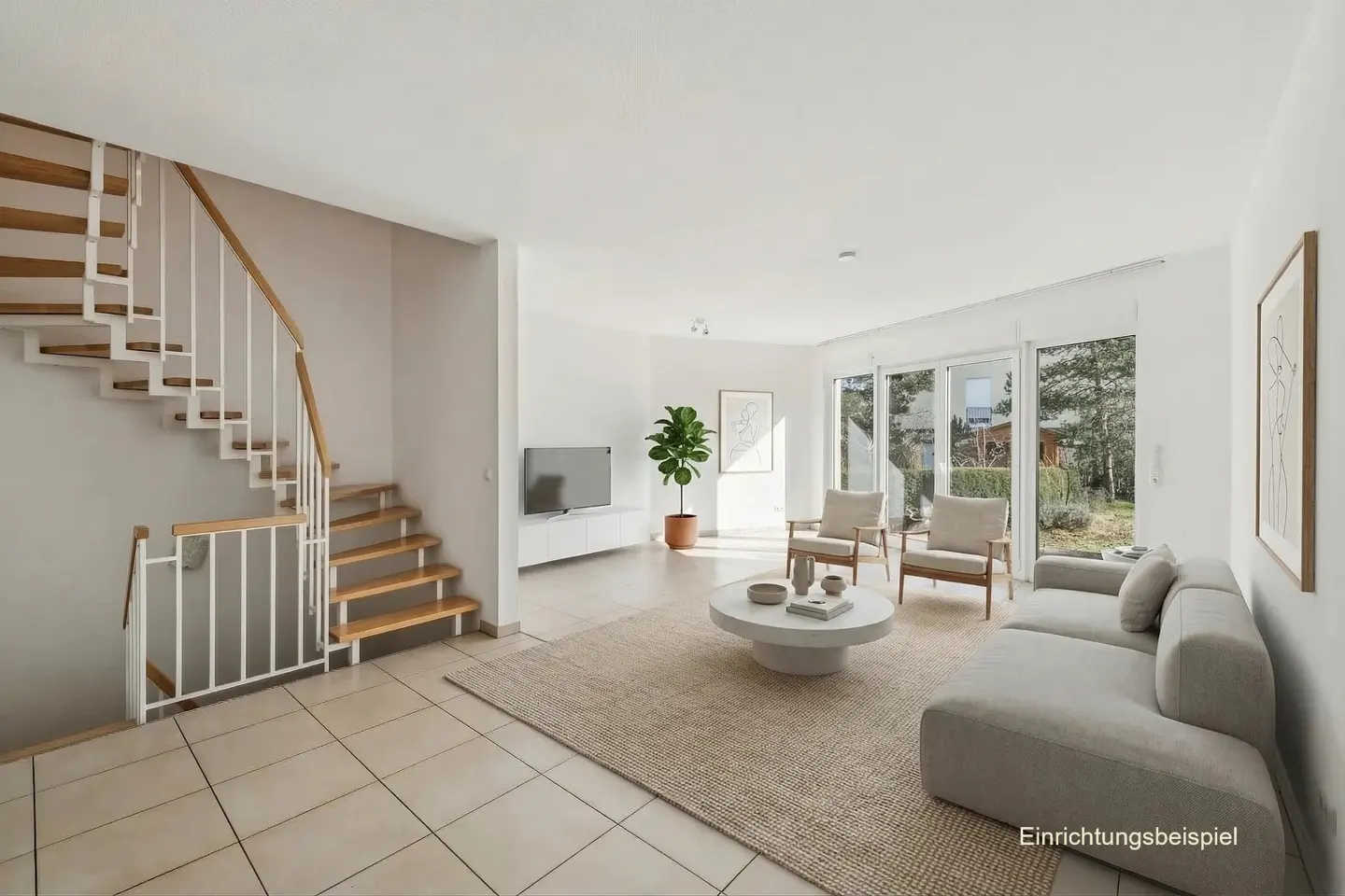 Bright living room with a staircase, sofa, chairs, and a round table on a beige rug. Large windows offer a view of the outdoors.