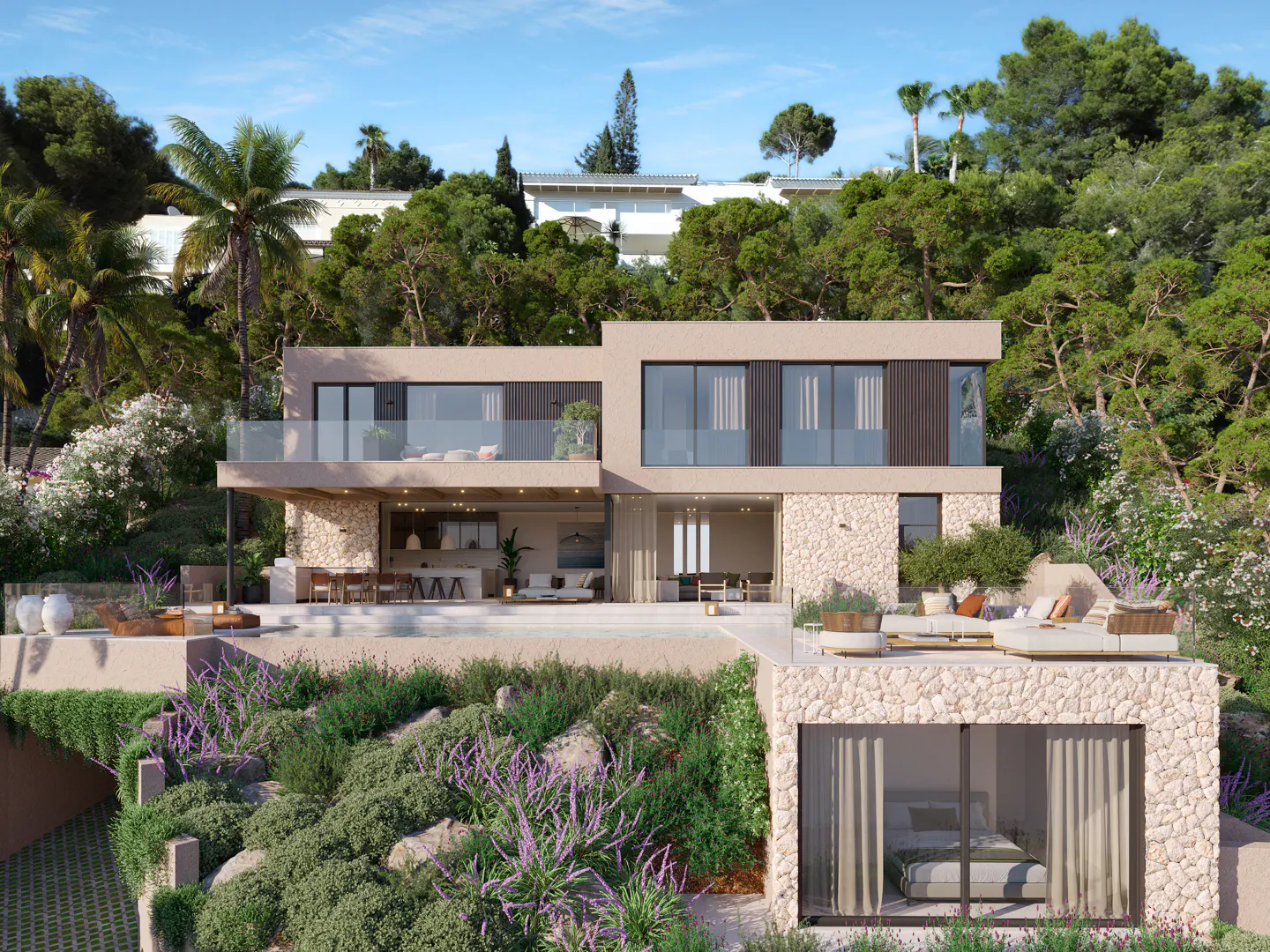 Modern two-story house on a hill, surrounded by trees and greenery. The house has large windows and a stone facade. Outdoor seating areas are visible.
