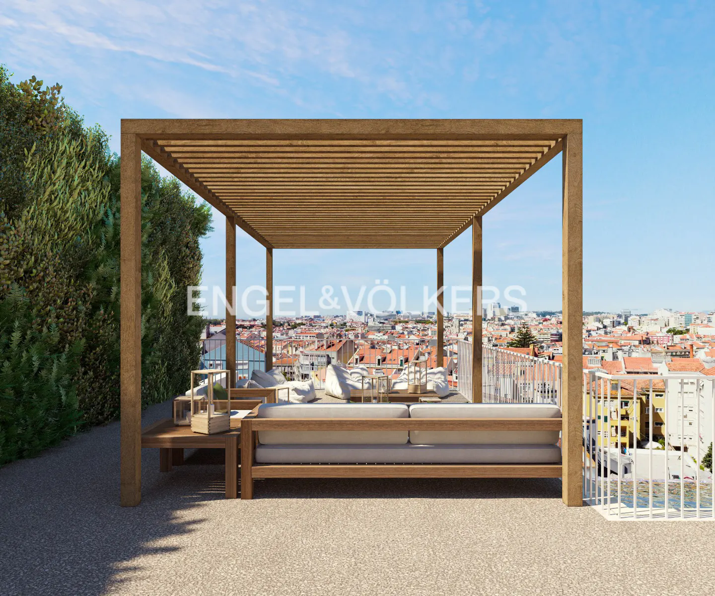 Rooftop terrace with a wooden pergola, modern outdoor sofa, and panoramic city views under a clear blue sky.