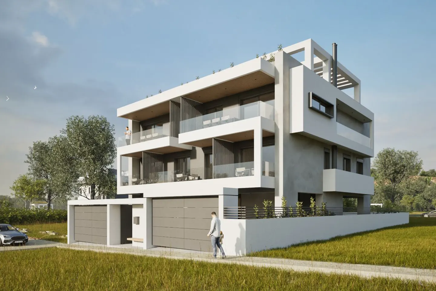 Modern three-story white building with balconies and a flat roof. A man walks on the sidewalk in front of the building.