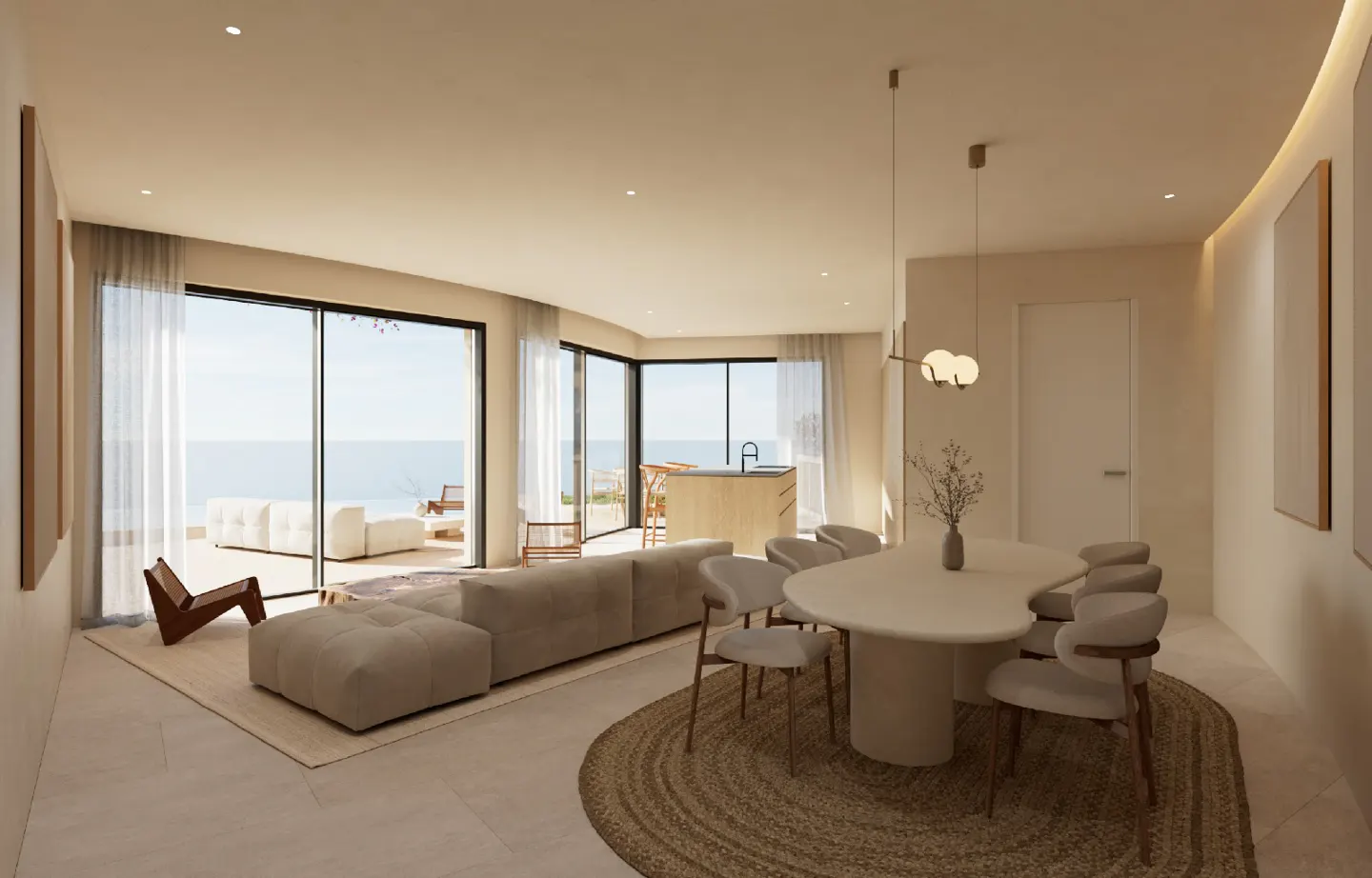 Modern open-plan living and dining area with neutral tones, ocean views, and floor-to-ceiling glass doors.