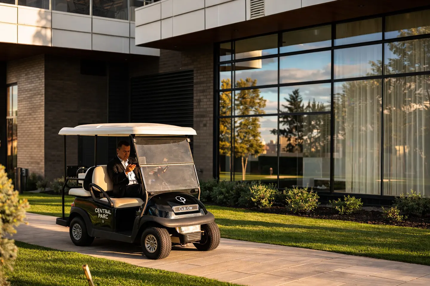 A man in a suit sits in a black golf cart labeled "Central Parc" outside a modern building with large windows.