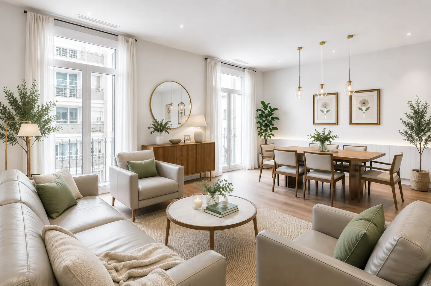 Bright, modern open-plan living and dining room with light leather furniture, green accents, and large windows.