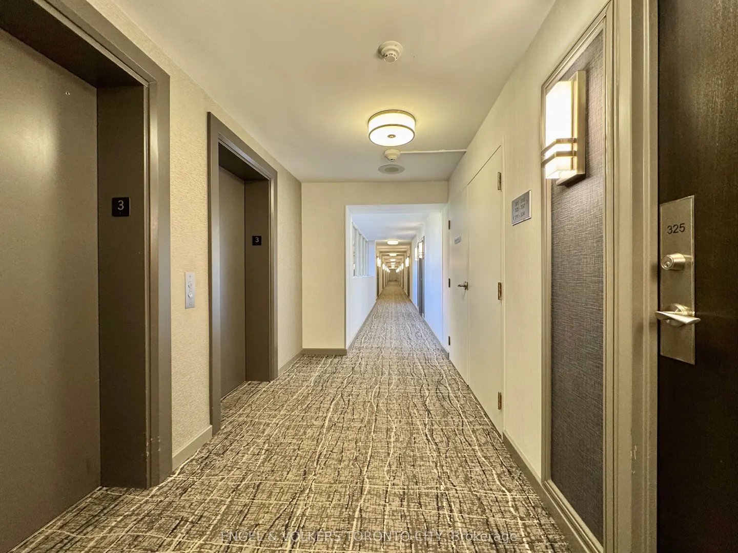 A long, well-lit apartment hallway with patterned carpet, elevator doors labeled 3, and unit door 325 on the right.