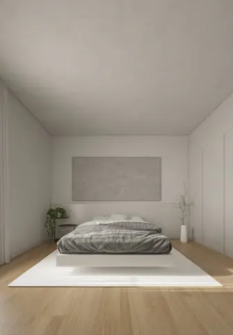 Minimalist bedroom with a low-profile grey bed on a white rug, light wood floors, and a large grey wall art piece.