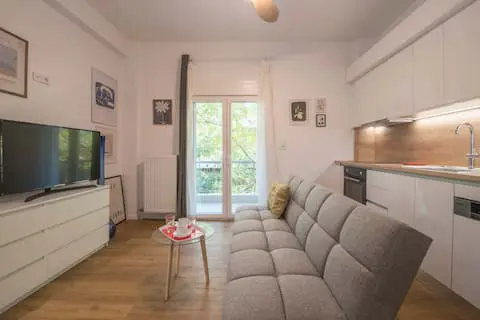 A bright studio apartment with a gray sofa, white cabinets, and a balcony with a view of trees. A TV sits on a white dresser.