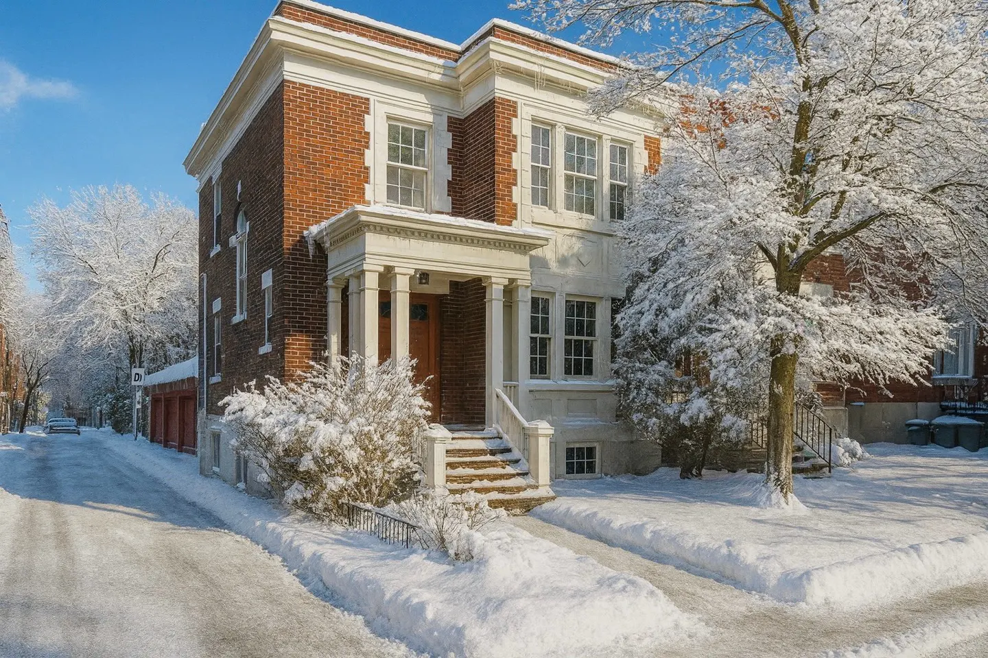A two-story brick house with white trim and a snow-covered yard on a sunny winter day.