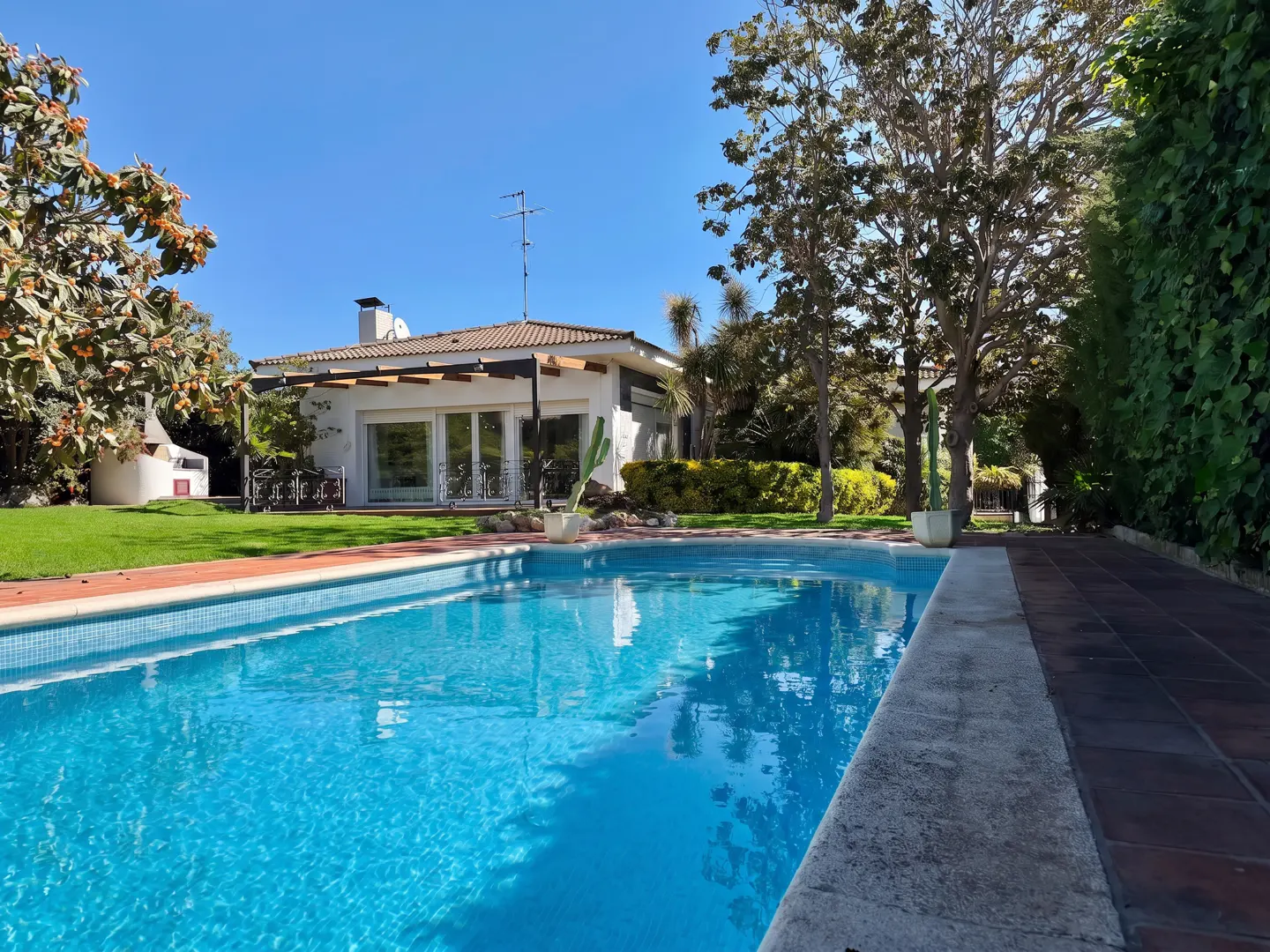 A bright blue swimming pool in the foreground, with a white house, green lawn, and trees in the background.