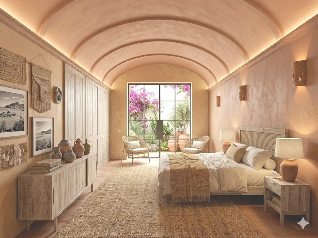 A serene bedroom with a vaulted ceiling, warm beige walls, a bed, rattan chairs, and a large window overlooking a garden.