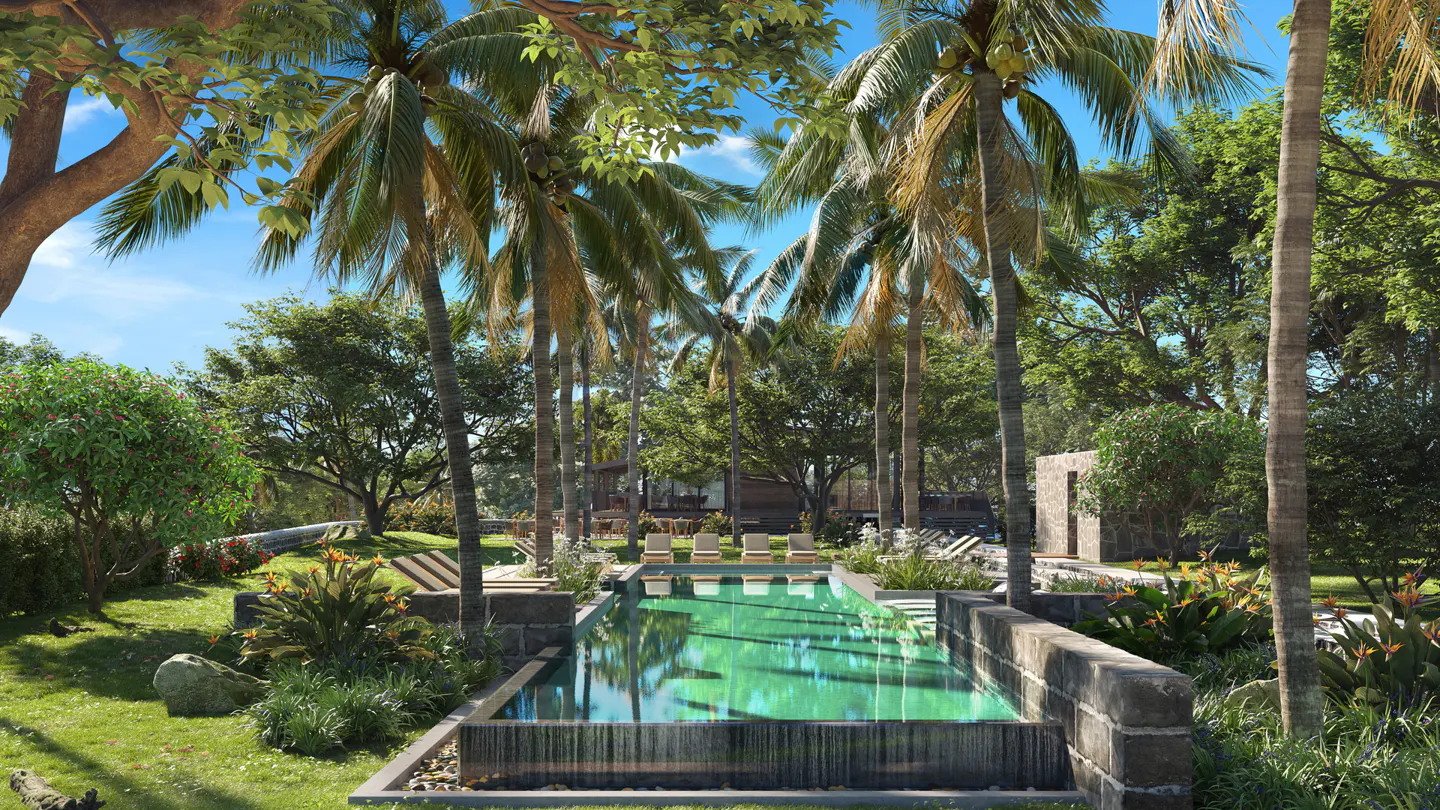A rectangular pool with turquoise water is surrounded by palm trees and lush greenery. Lounge chairs are visible in the background.