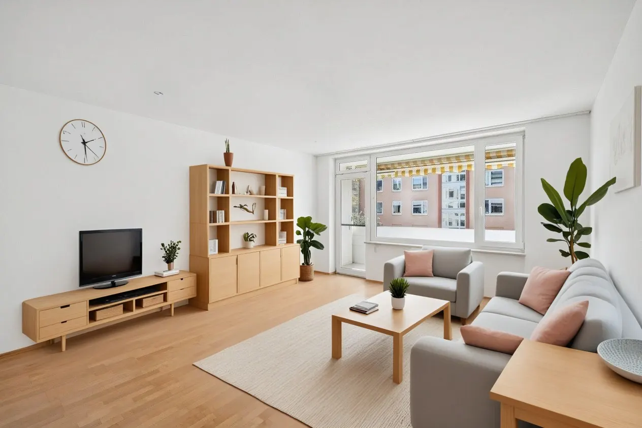 Bright living room with light wood floors, white walls, gray sofas with pink pillows, and a large window.