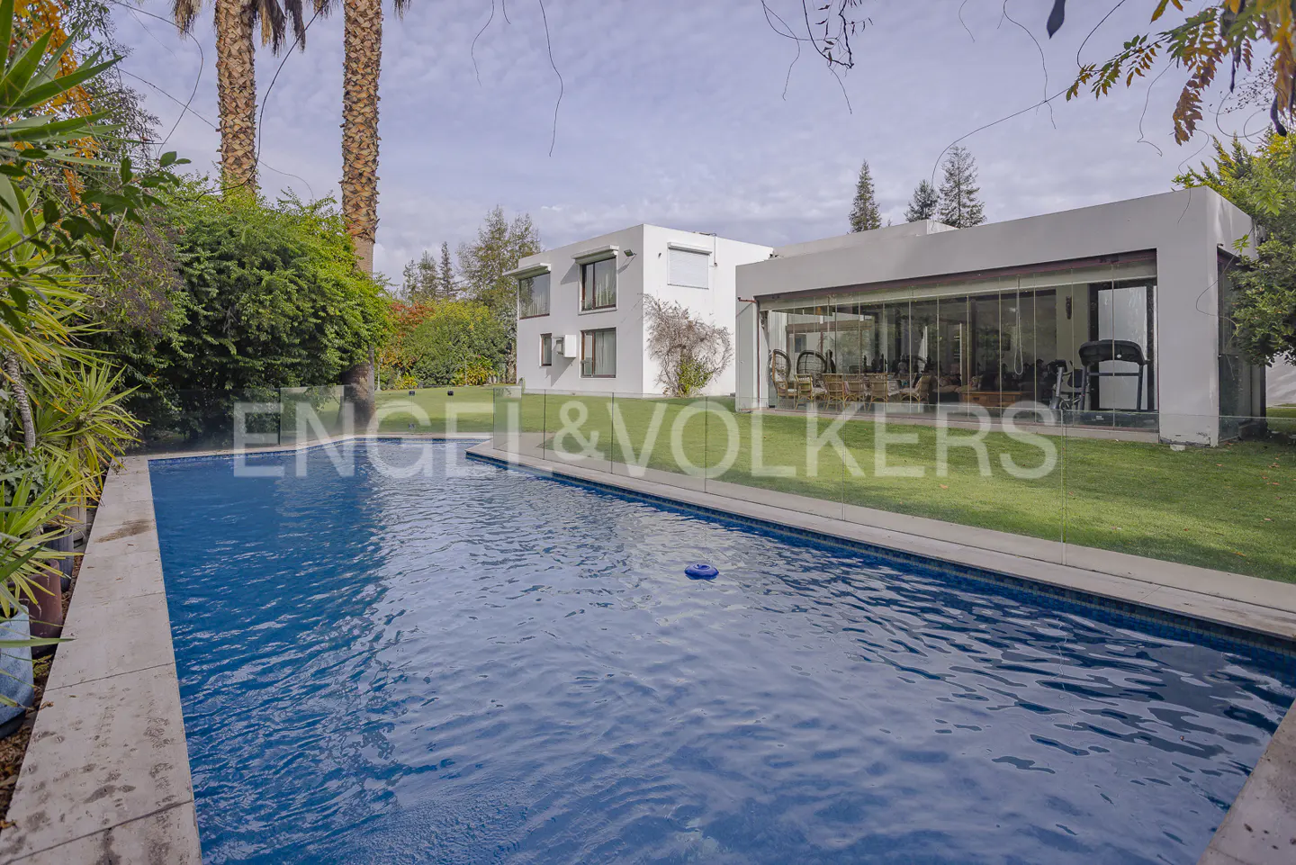 A wide shot of a blue swimming pool in front of a modern white house with green grass and trees.