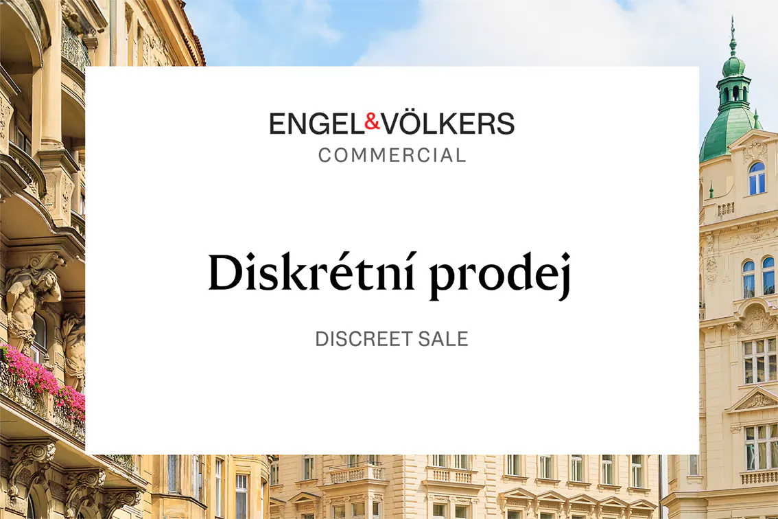 Engel & Völkers commercial ad with "Diskrétní prodej" text, buildings with beige facades and green dome in the background.