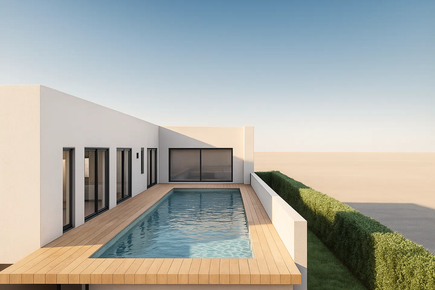 Modern white house with a pool and wood deck under a blue sky. Green hedge along the edge.