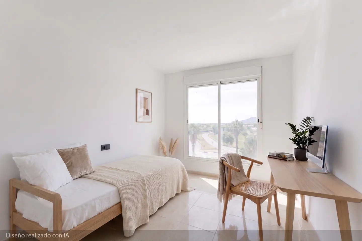 Bright bedroom with a twin bed, wooden desk, and chair. A window overlooks a sunny landscape. Minimalist decor with white walls and neutral tones.