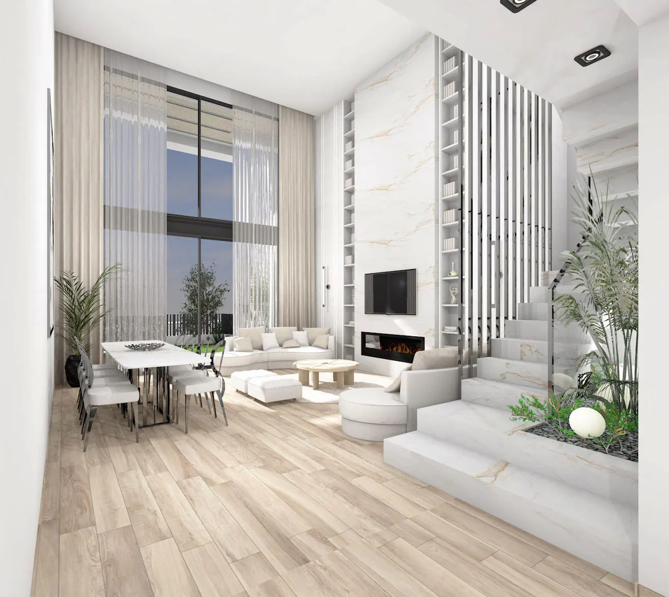 Bright, modern living room with light wood floors, white furniture, and a marble fireplace. Large windows offer a view of the outdoors.