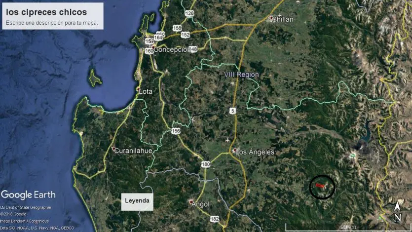 Satellite view of Los Cipreces Chicos, Chile, showing roads, cities, and a circled area of interest.