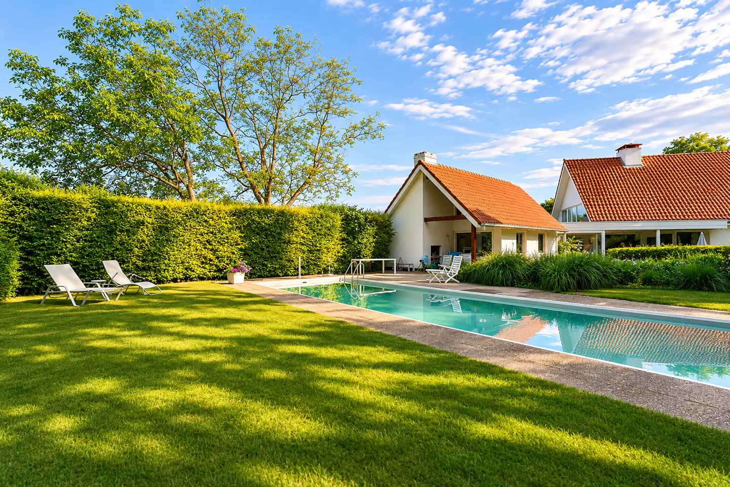 A rectangular swimming pool sits in a lush green backyard with lounge chairs, a tall hedge, and two houses with red roofs.
