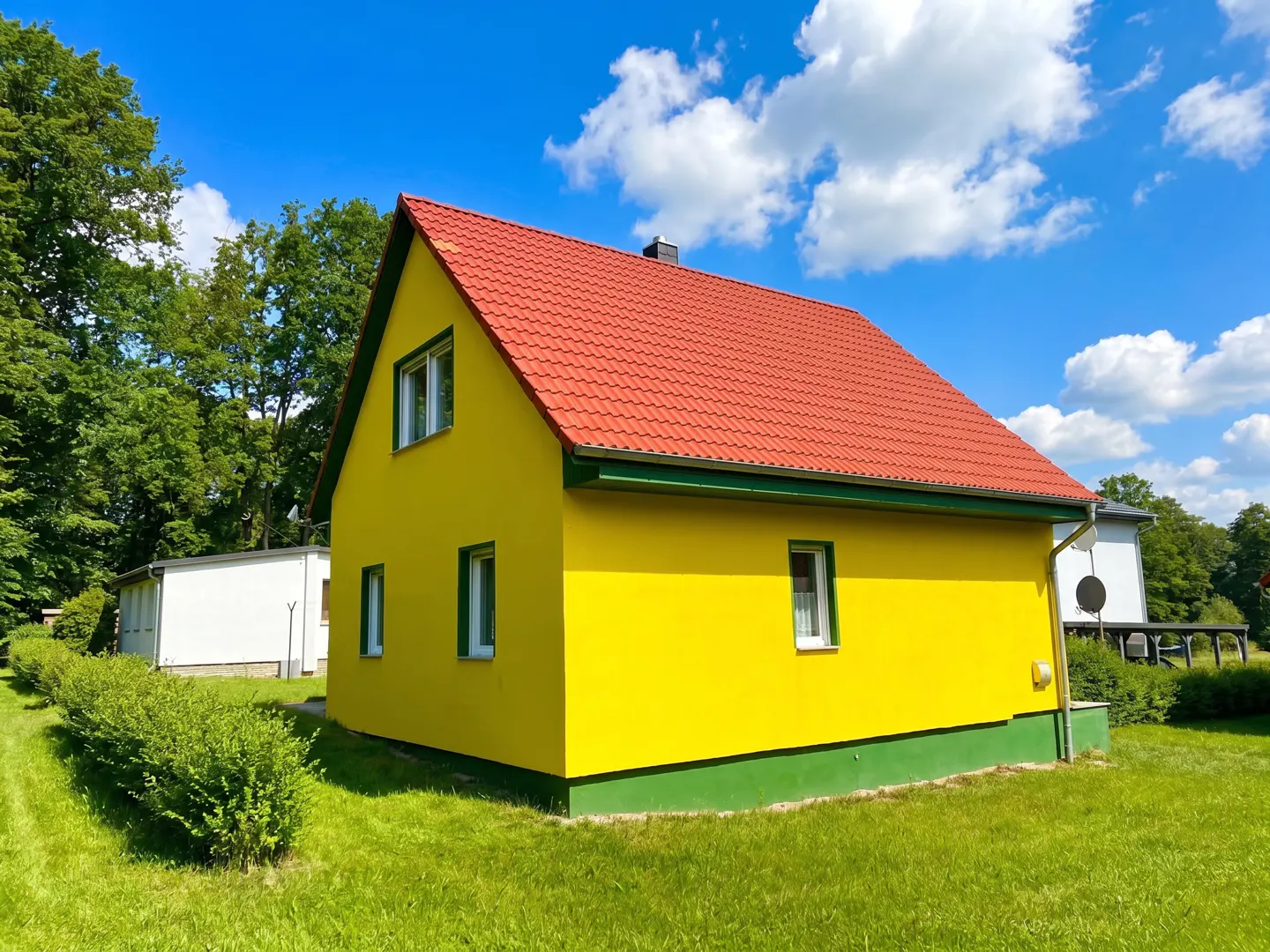 A yellow house with a red roof sits on a green lawn under a blue sky with white clouds.