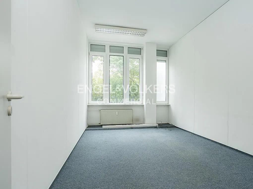 Empty office room with white walls, grey carpet, a radiator under large windows, and a fluorescent ceiling light.