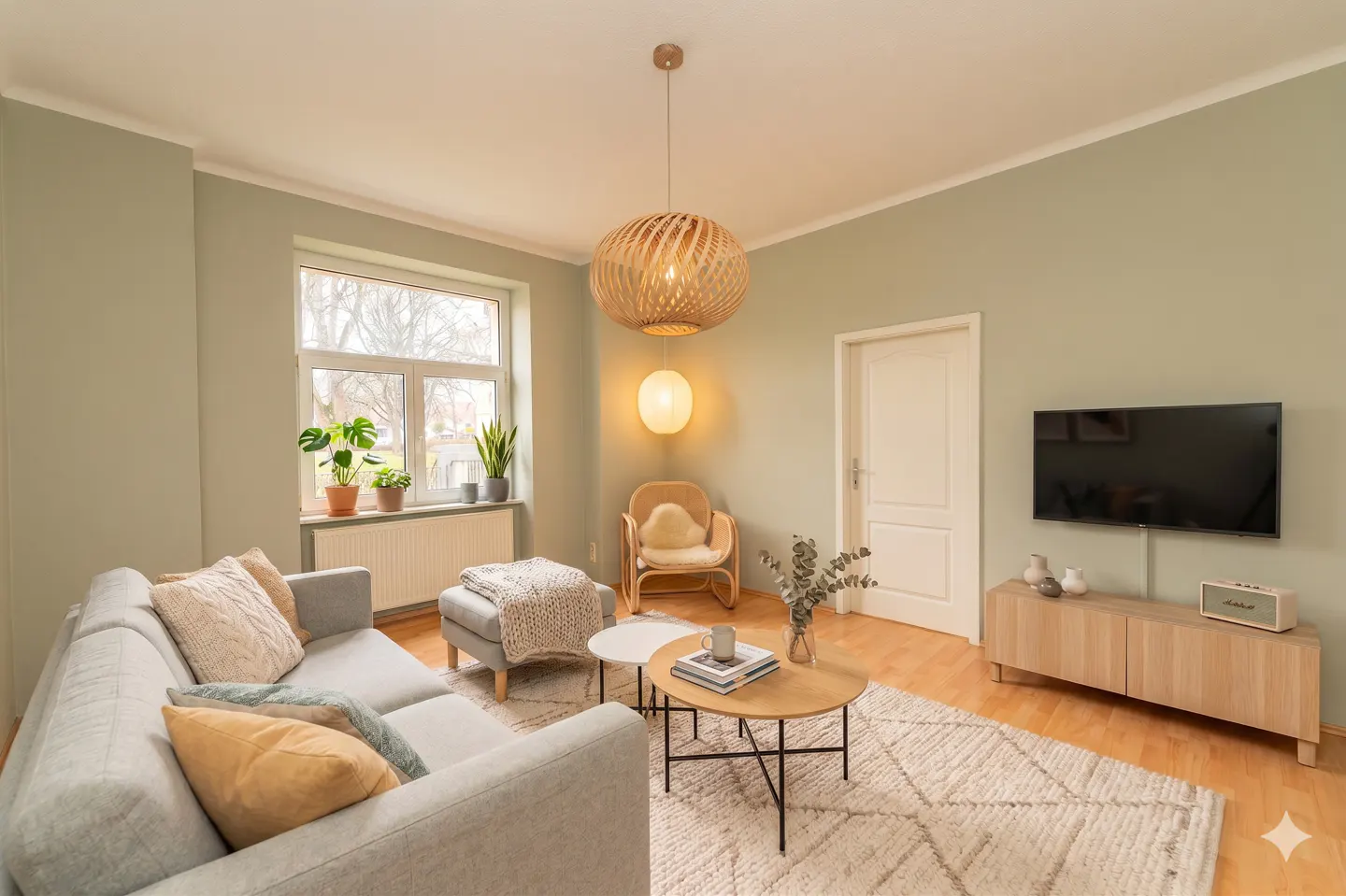 Living room with sage green walls, a gray sofa, and a round wooden coffee table on a patterned rug. A TV is mounted on the wall.