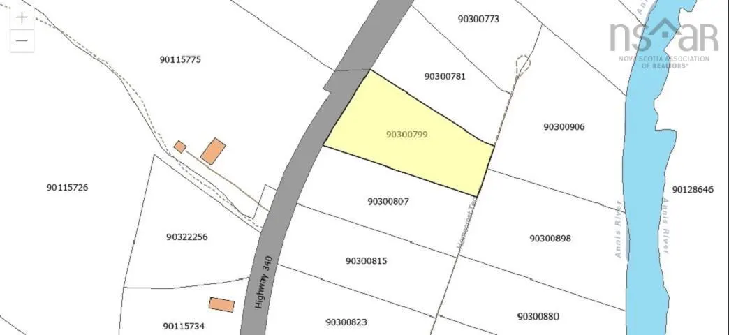 Real estate map showing a yellow lot, 90300799, next to Highway 340 and near the Annis River.