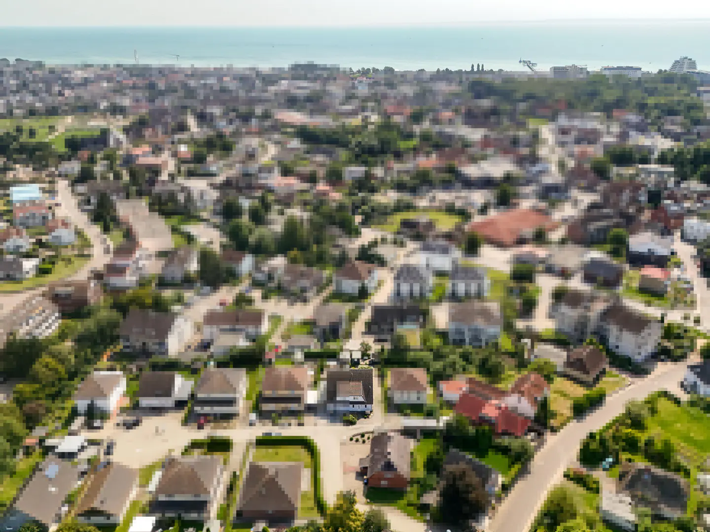 Aerial view of a residential area with houses, trees, and roads, with the ocean visible in the background.