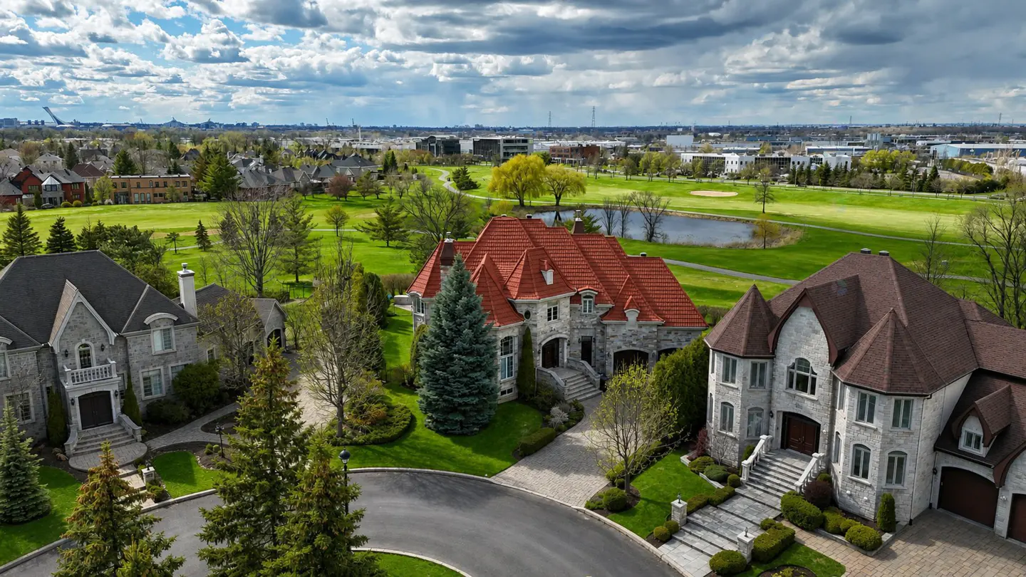 Aerial view of luxury homes with red and brown roofs, surrounded by green lawns and a golf course under a cloudy sky.