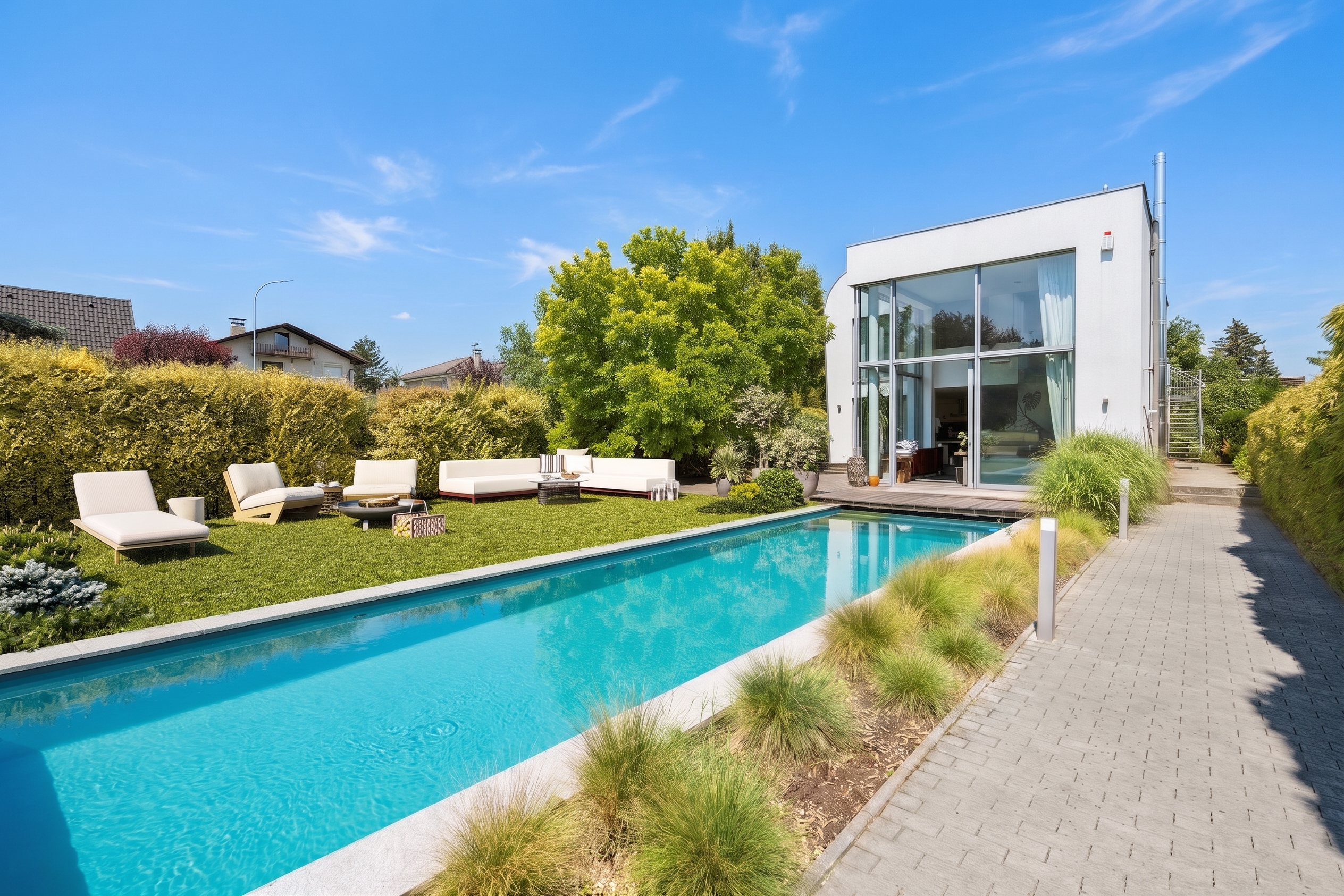 Exclusive architect-designed villa with pool – quiet green setting near the UN City and Old Danube [AI-modified]