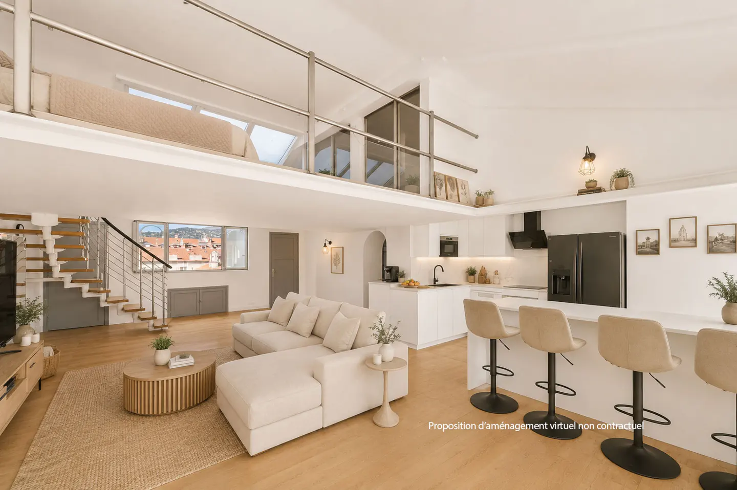 Bright, modern apartment interior with a loft bedroom, white walls, wood floors, and a kitchen island with bar stools. A beige sectional sofa sits in the living area.