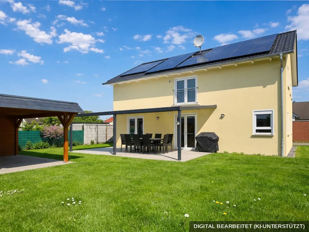 Yellow two-story house with solar panels, patio dining set, and a wooden carport on a sunny day with a green lawn.