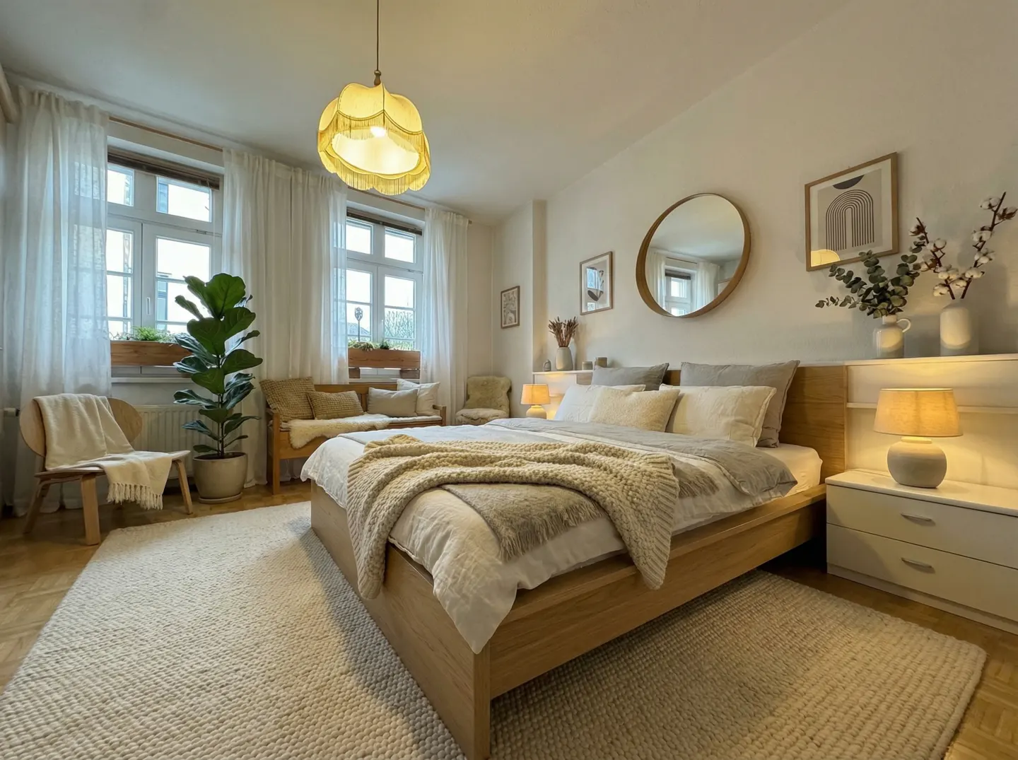 Bright bedroom with a wooden bed, white linens, and a beige throw blanket. Windows with white curtains, plants, and a yellow pendant light.