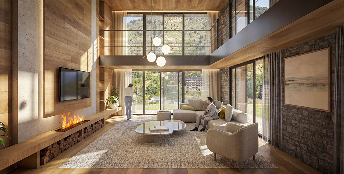 A modern living room with wood walls, a fireplace, and large windows overlooking a mountain view. Two people are in the room. [AI-generated text]