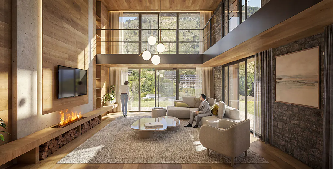 A modern living room with wood walls, a fireplace, and large windows overlooking a mountain view. Two people are in the room.