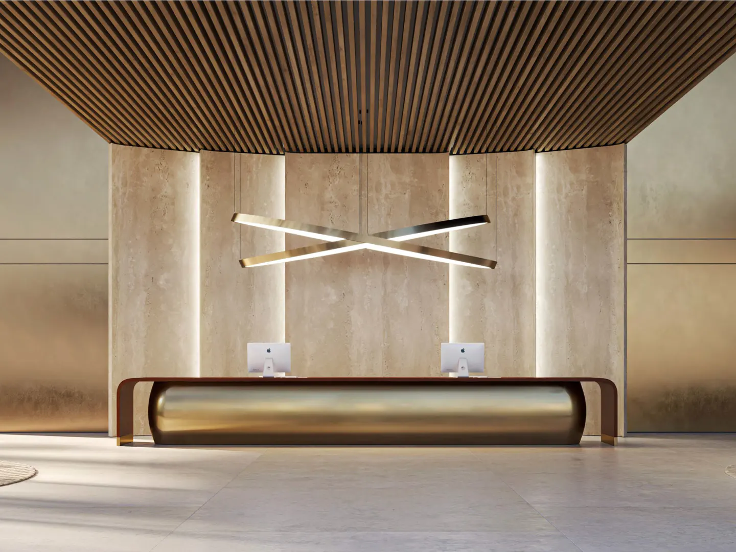 Modern office reception with a sleek gold desk, stone wall, linear pendant lighting, and a slatted wood ceiling.