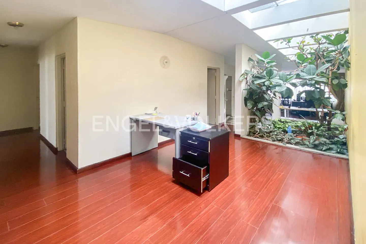 Office space with wood floors, a desk, and a black filing cabinet with an open drawer. A garden area is visible through a window.