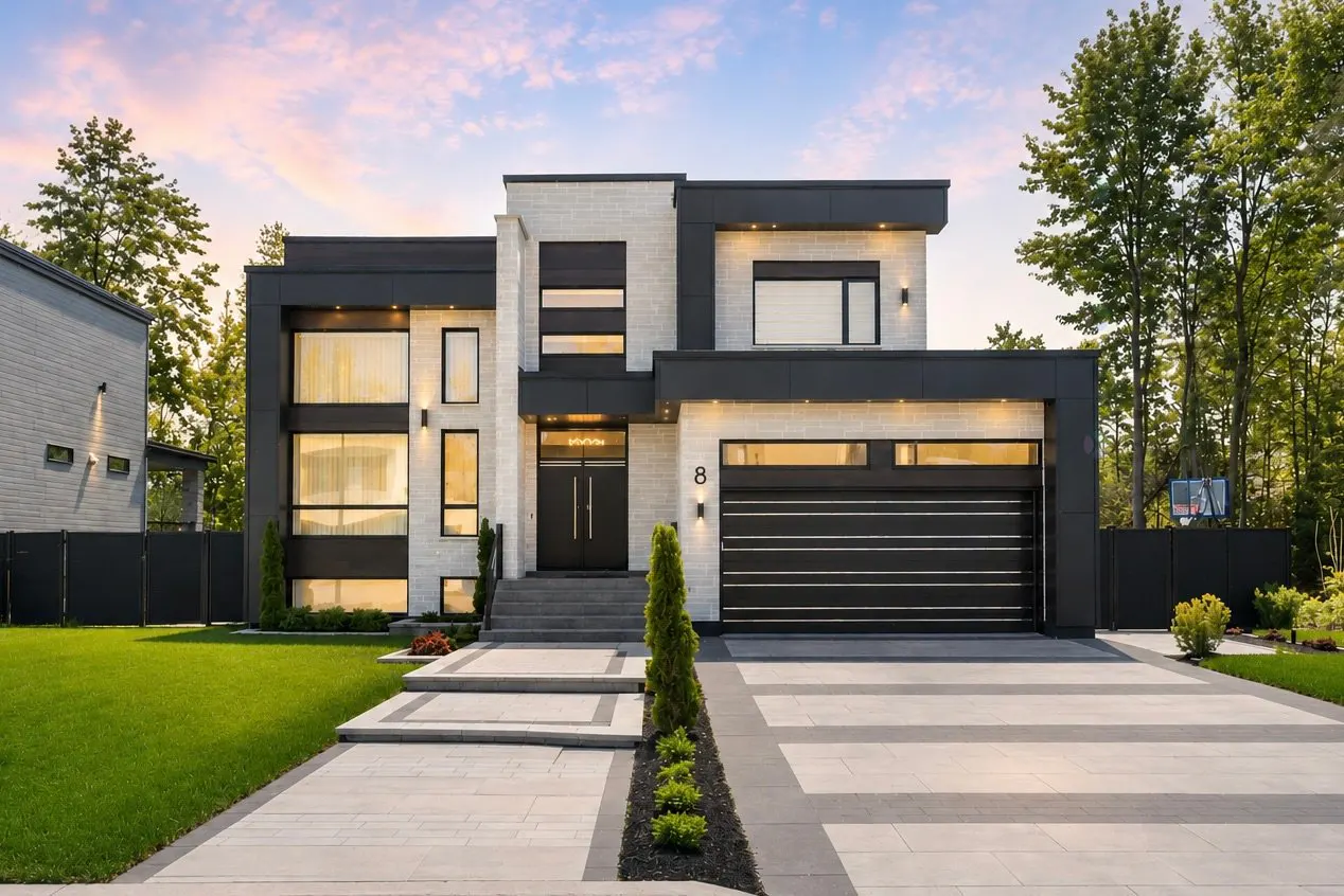 Modern two-story home with white brick, black accents, a double garage, and a paved driveway at sunset.