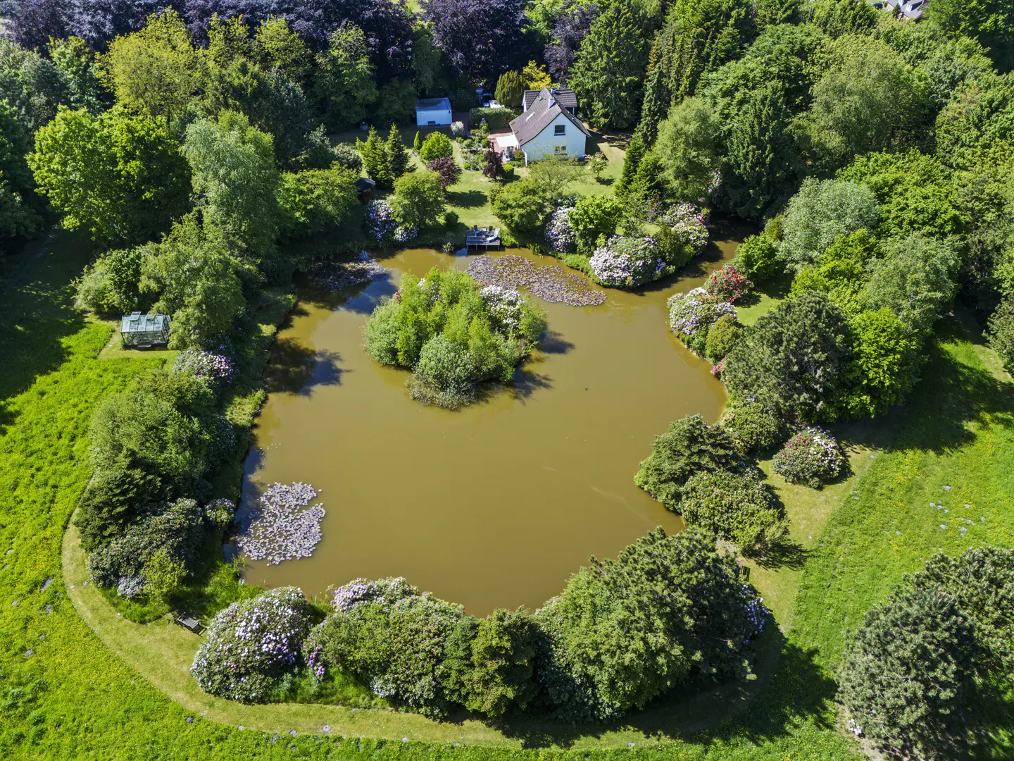 Aerial view of a pond with an island, surrounded by lush green trees and a house in the background.