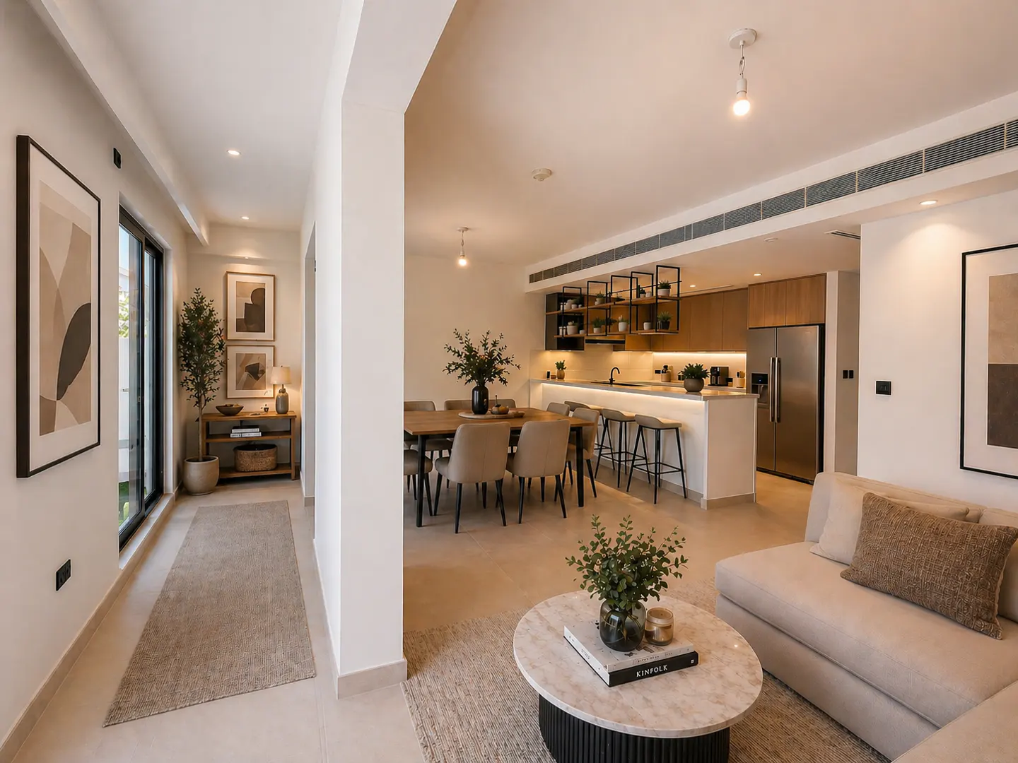 Open-concept living space with a beige sofa, marble coffee table, dining table, and modern kitchen with wood cabinets.