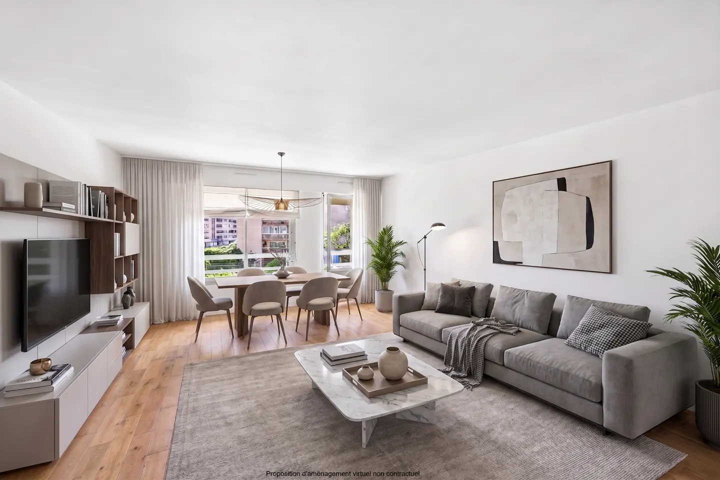 Bright living room with a gray sofa, marble coffee table, dining table, and a large abstract painting on the wall.