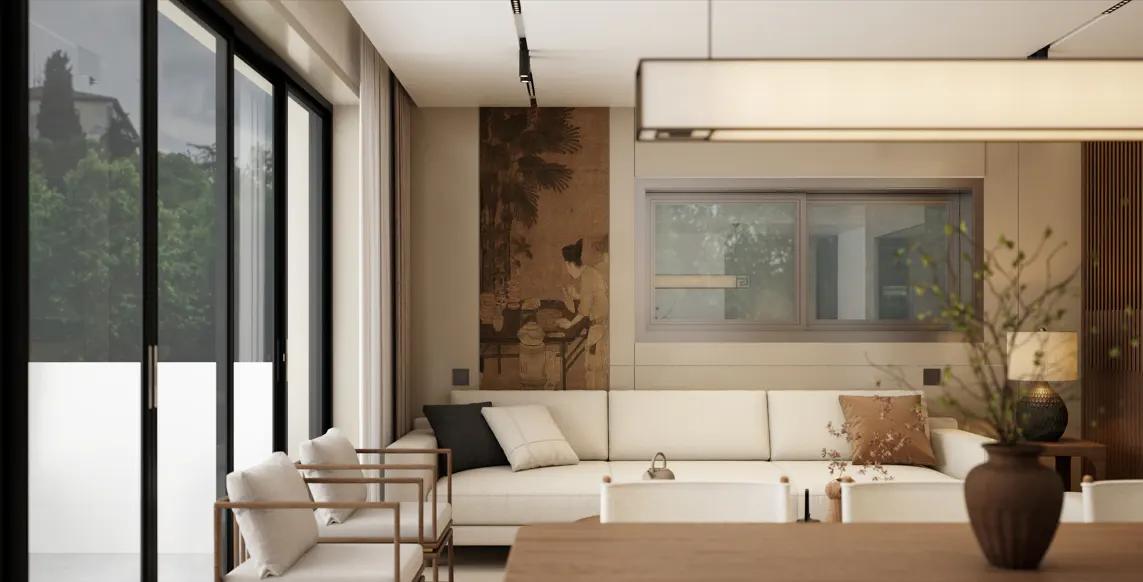 Living room with white sofa, wood chairs, and a large window. A brown vase with branches sits on a table. A painting hangs on the wall.