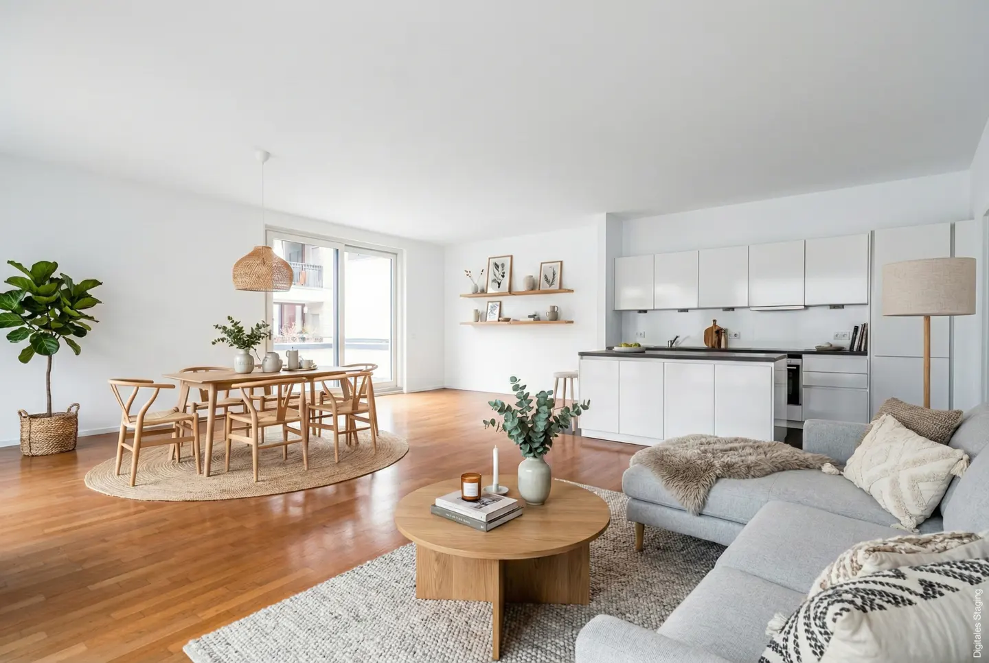 Bright, open-plan apartment with hardwood floors. A dining table sits on a round rug, near a sliding glass door. A gray sofa faces a round coffee table. White kitchen cabinets line the back wall.