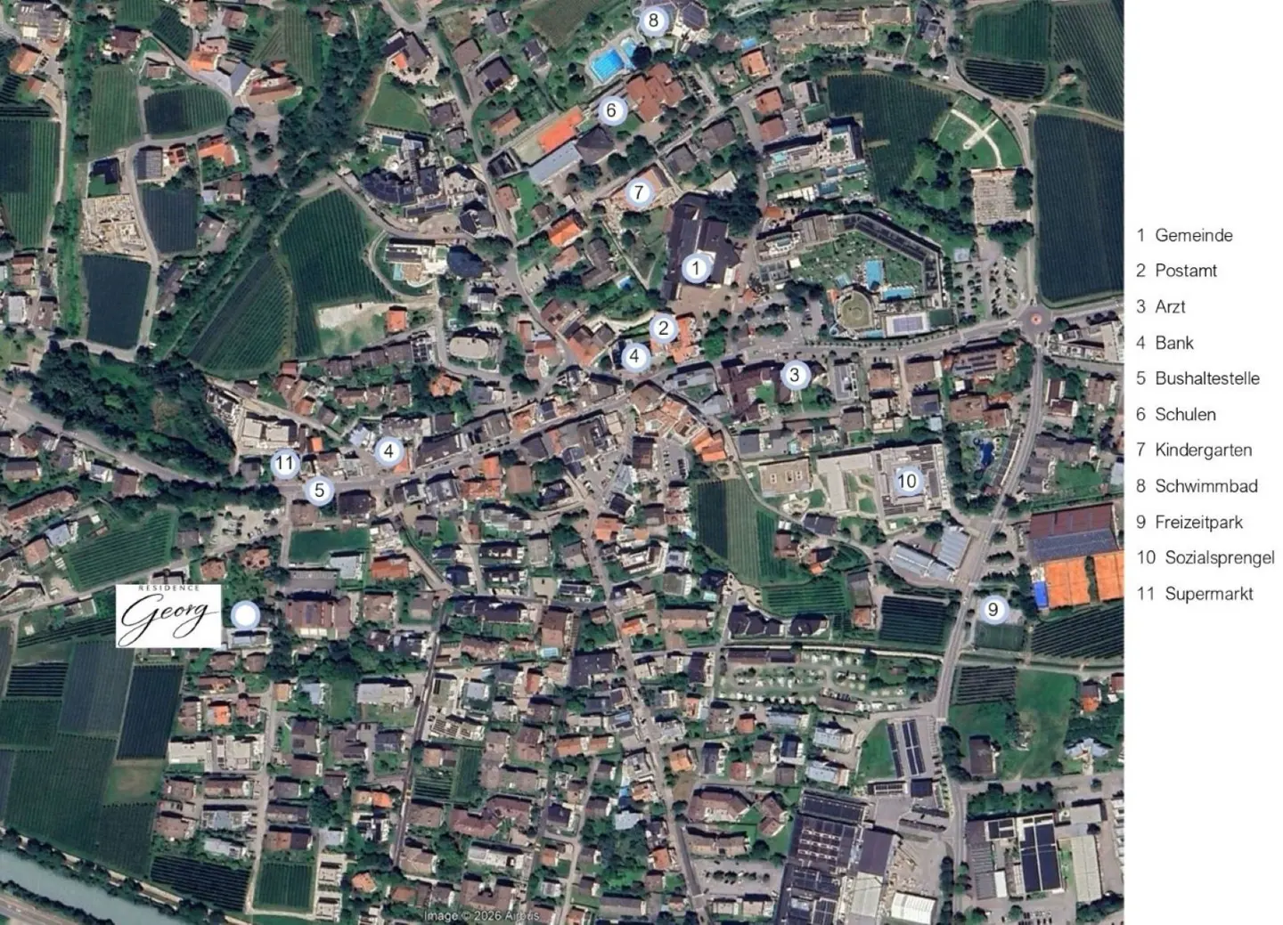 Aerial view of a town with numbered landmarks, including a supermarket, school, and swimming pool, surrounded by green fields.