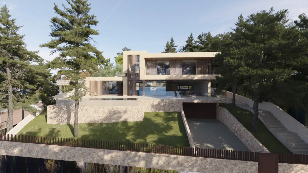 Modern beige house on a hill with a pool, garage, and tall trees under a blue sky.