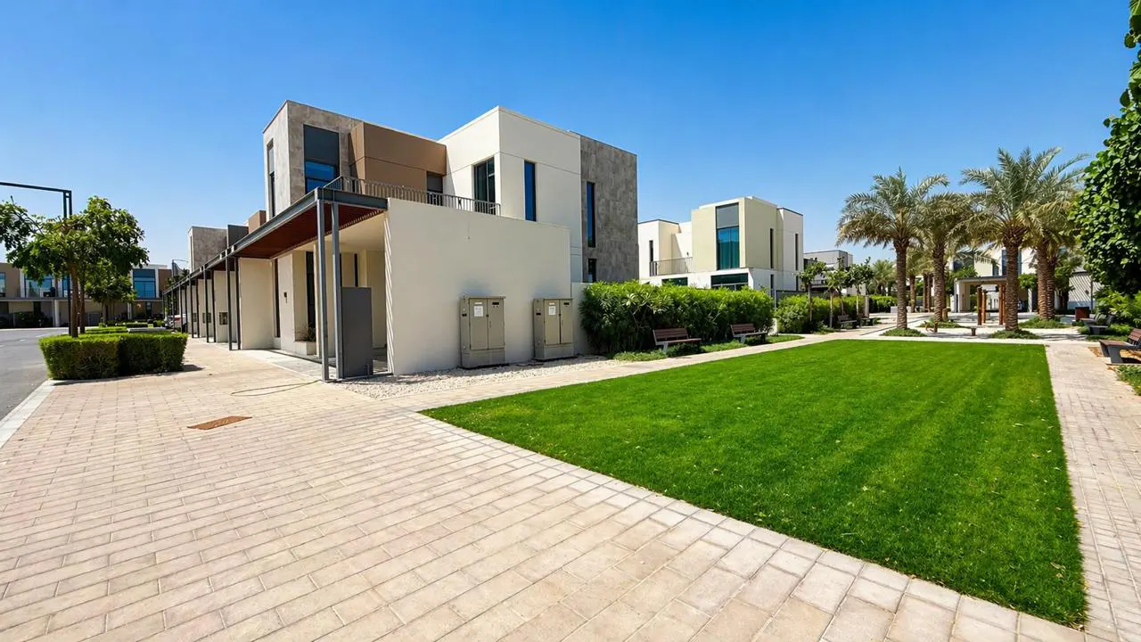 Modern townhouses with a green lawn and palm trees under a clear blue sky. Paved walkway in the foreground.