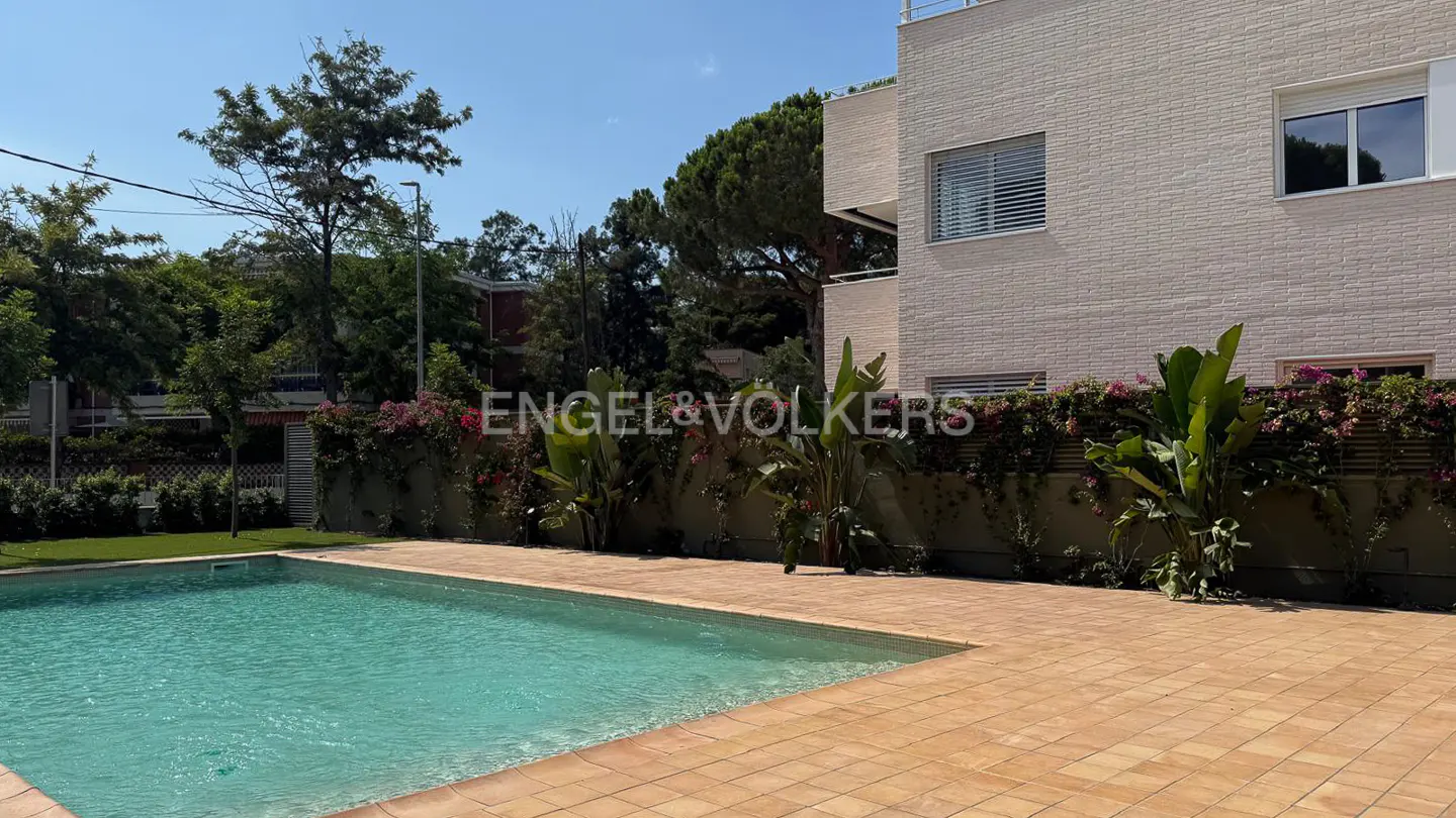 A turquoise swimming pool with a brick patio, lush greenery, and a modern white building in the background.