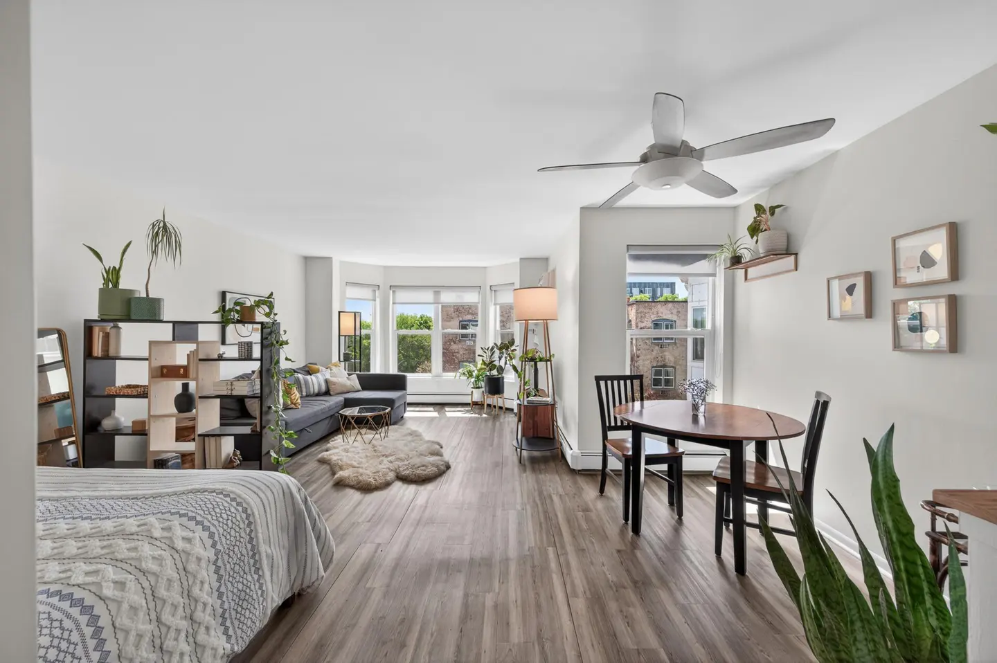 Bright studio apartment with hardwood floors, a gray sofa, and a dining table. A ceiling fan and plants add to the cozy atmosphere.
