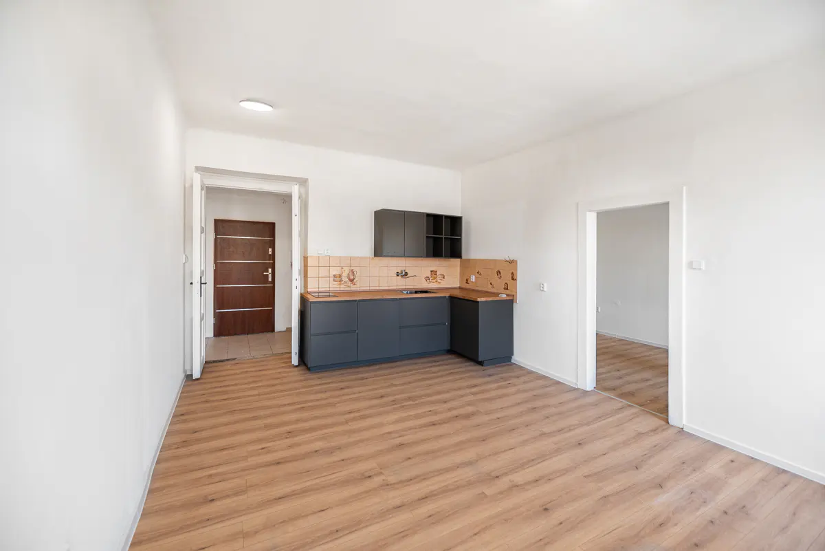 Bright, empty room with wood floors, white walls, and a gray kitchen area with patterned backsplash. Two doorways are visible.
